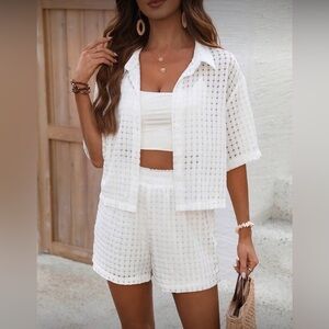 SHEIN White Waffle-Knit Button Short Set